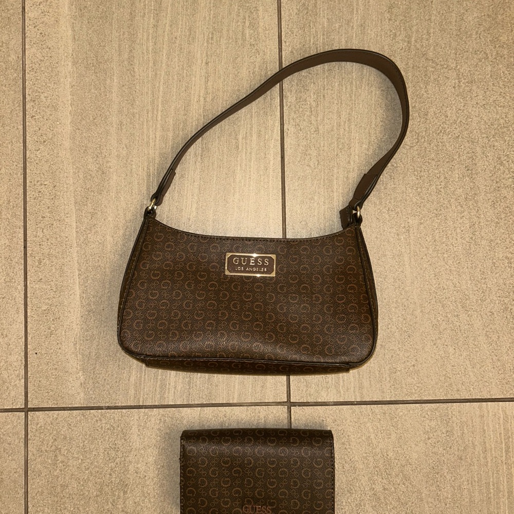 GUESS Brown Monogram Shoulder Bag with Gold Plaque